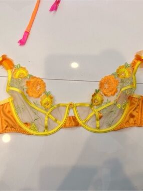 For Love And Lemons Embroidered Floral Sheer Bra in Yellow & Orange